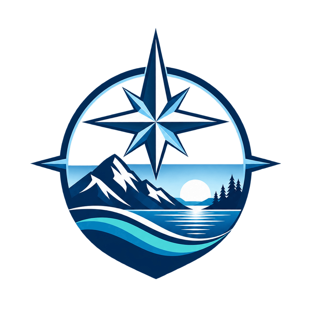 Northshore compass, mountain and shoreline emblem